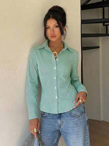 Camisa de manga larga de ajuste ceñido con cintura anudada a rayas rosa, blusa a rayas amarilla para mujer, nueva colección de otoño - Verde - Ver 5