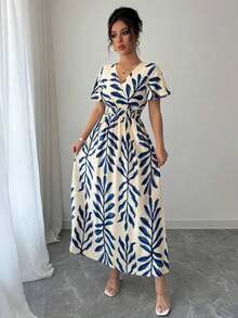 Vestido con mangas abullonadas, cintura anudable y bajo ajustable con abertura, hecho de gasa francesa, elegante, apropiado para vacaciones, fiestas de té de la tarde o playa - Azul y blanco - Ver 5