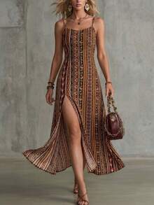 Vintage Print Camisole Dress, High Slit Design For Summer Beach Vacation Elegant Red - Red - View 3