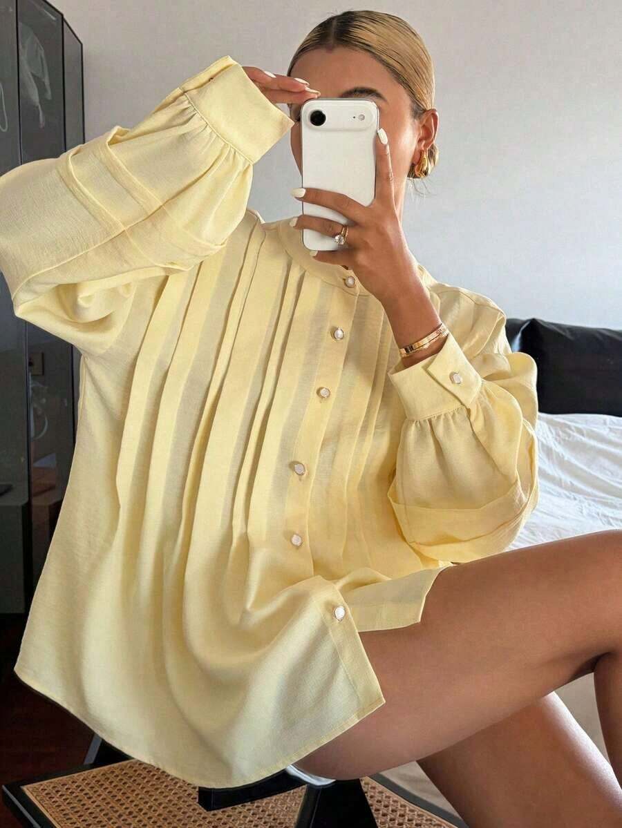 Blusa amarilla holgada con cuello redondo y plisados para mujer - Amarillo - Ver 1