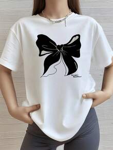 Gran lazo simboliza elegancia y feminidad reflejando la dulzura y la confianza de quien lo lleva con un toque moderno y sutil ideal para un look casual camiseta de mujer de manga corta cómoda y versátil para uso diario - Blanco - Ver 8