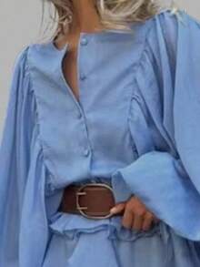 French Short Dress Spring 2026, High Waist, Puff Sleeves And Ruffles - Blue - View 2