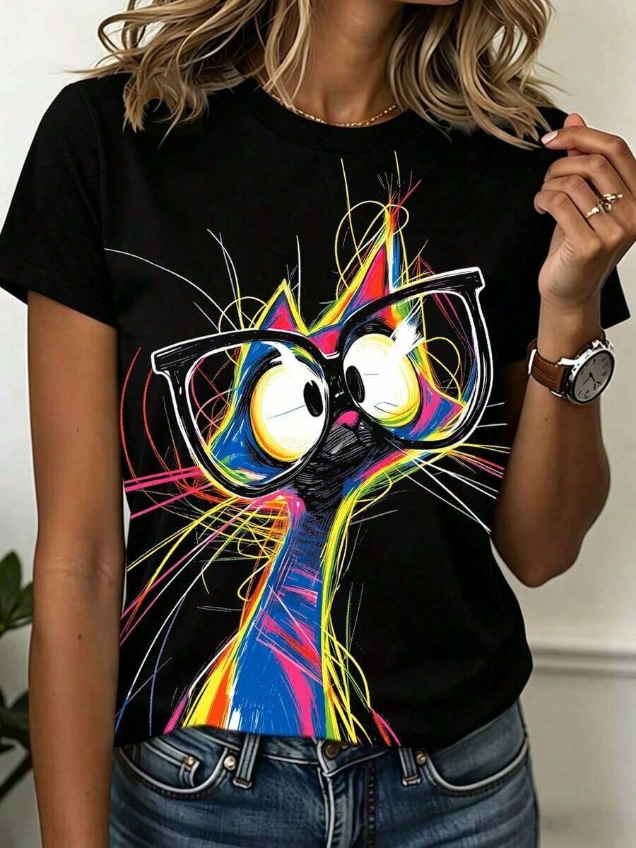 Camiseta de mujer de manga corta con cuello redondo y estampado de dibujos animados, versátil para uso diario - Multicolor - Ver 1