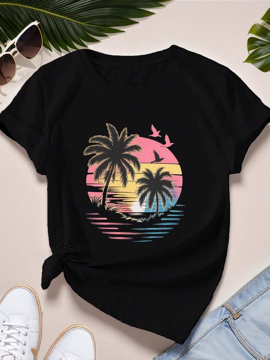 Plus Size Women's Tropical Beach T-Shirt With Palm Tree And Wave Print - Casual And Sporty Short Sleeve Round Neck Blouse, Suitable For All Seasons, Machine Washable, Beachwear And Everyday Wear - For Plus Sizes (Tropical Palm Tree And Ocean Wave Print) - 黑色 - 查看 1
