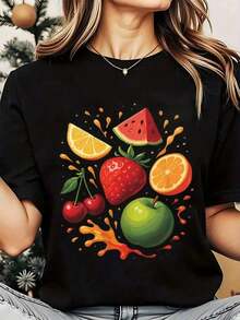 Camiseta de Verano Fresca para Mujer, Estilo Casual, Estampado de Frutas, Cuello Redondo, Uso Diario, Suave y Cómoda, Estilo Vacacional, Moda - Negro - Ver 7
