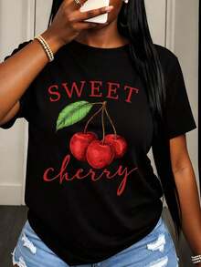 Camiseta de Verano Fresca, Casual, con Estampado de Cerezas Dulces, Camiseta de Manga Corta para Mujer, Estampado de Frutas, para Uso Diario y Regalo. - Negro - Ver 7