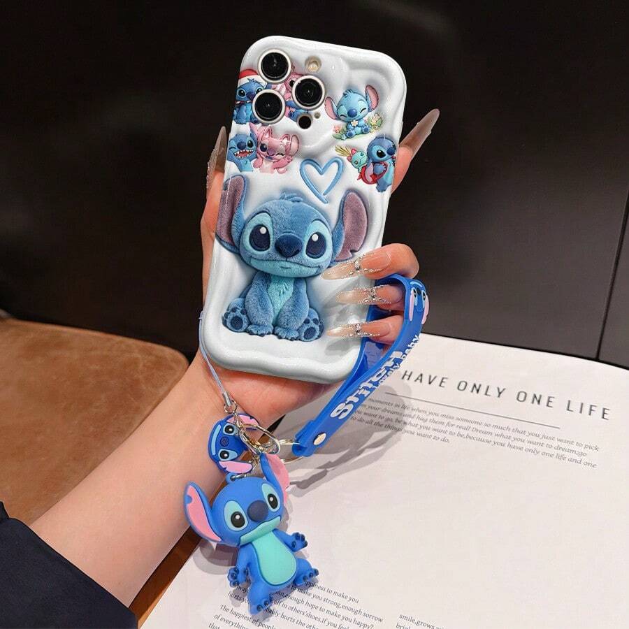 Disney Lilo And Stitch Phone Case : 3D Fluffy Pattern Border Protector Phone Soft Phone Case With A Free Cute Stitch Bracelet Chain Lanyard, Stitch, Lilo, Angel, For Apple 17 Promax 17 Pro 16 15 14 13 12 11 Pro Max XS Max X XR Soft Cover Summer Phone Case - White - View 1