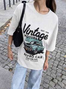 Camiseta de mujer con estampado gráfico de coches retro vintage, de manga corta, hombros caídos y cuello redondo, es la elección perfecta para el día a día. - Blanco - Ver 2