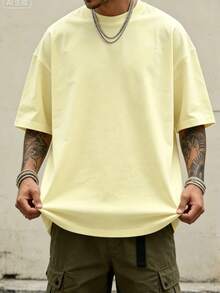 Oversized Boxy Cut Short Sleeve Jersey T Shirt Casual Crop Fit Streetwear Modern Minimalist All Season Essential Top-Comfortable Retro Cotton T-Shirt - 純黃色 - 查看 3