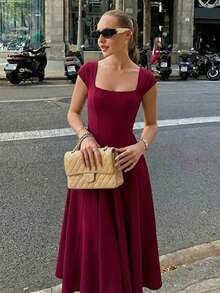 Vestido largo invierno estilo francés liso ajustado con tirantes cremallera y lazos traseros elegante moda para mujer - Burdeos - Ver 2