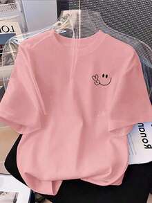 Camiseta de punto ajustada de manga corta informal para mujer - Rosa - Ver 1