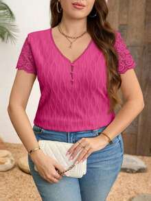 Classic Plus Size Women's Summer Blouses, Elegant Blouse, White T-Shirt, Jacquard Knit T-Shirt, T-Shirt With Contrasting Lace - 紫紅色 - 查看 9