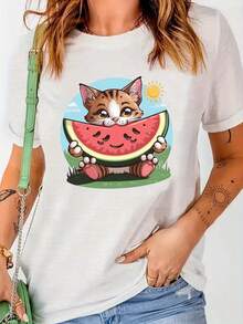 Camiseta de cuello redondo con estampado de gato de sandía, top casual de manga corta para primavera y verano, ropa de mujer. - Blanco - Ver 6