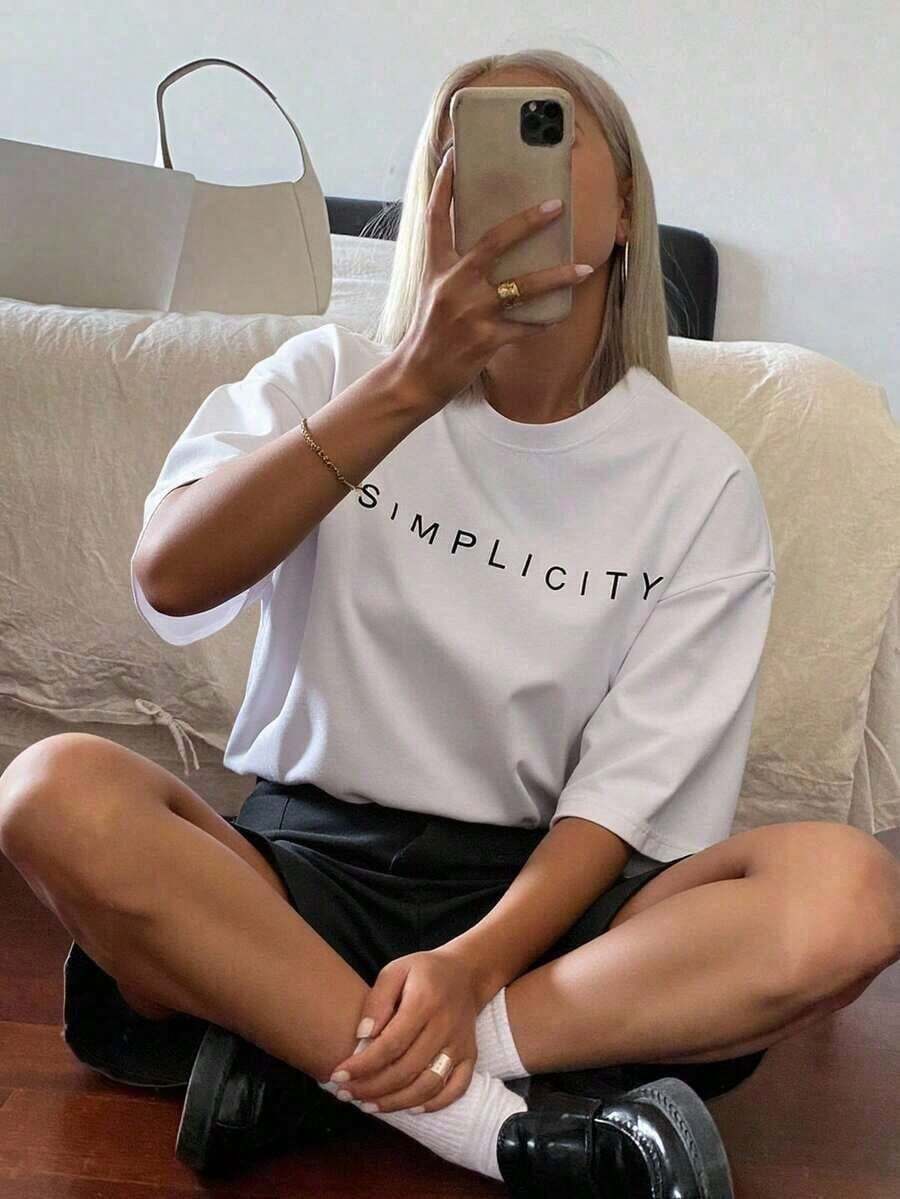 1 pieza Camiseta de manga corta con cuello redondo y estampado de letras, corte holgado, SIMPLICITY, Verano, 180g, 100% Algodón - Blanco - Ver 1