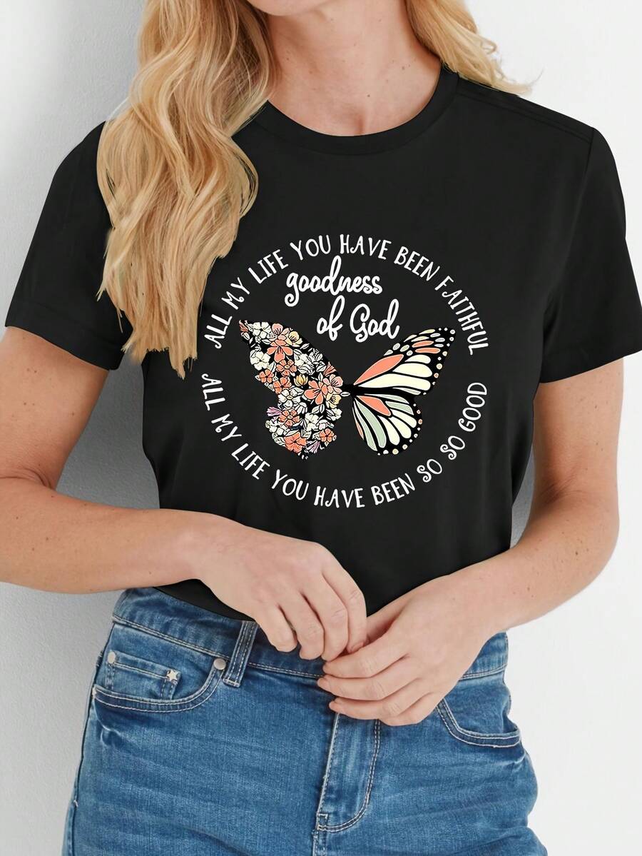Christian Bible Verse "All My Life You Have Been Faithful, Goodness Of God" With Vibrant Butterfly Print - High Quality Women's Casual T-Shirt, Spring/Summer, Casual Wear | Vibrant Print T-Shirt | Comfortable Fit, Christian T-Shirts - 黑色 - 查看 1