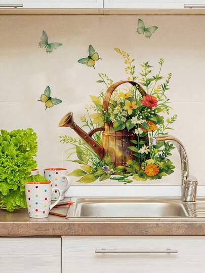 mama look 1pc, 30*30cm, Fresh Summer Decorative Wall Sticker, Bicycle & Floral Bouquet, Flower Hat & Watering Can, Green Floral Pot, Pink Tricycle & Flowers, PVC Self-Adhesive Removable Wall Decal, Suitable For Bedroom, Living Room, Study, Dining Room, Bathroom, Home Wall Decor, Room Decoration
