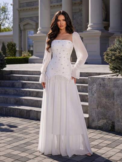 New European And American Fashion Elegant Square Neck Hollow Out Mesh Splice Backless Dress, Suitable For Wedding Guest, Formal Banquet