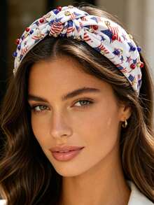 1pc Fashion Rhinestone Beaded Wide Headband, Star Print Knotted Hairband For Party & Costume - Multicolor - View 5
