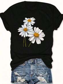 Women's Oversized T-Shirt With Mexican Floral Print, Soft Cotton Casual T-Shirt, Loose Summer Basic Top, Urban Fashion, Family Matching Cotton T-Shirt - 黑色 - 查看 12