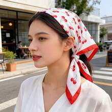 1条甜樱桃印花图案70厘米仿丝质感高品质围巾,女士头巾及时尚配饰 - 彩色 - 查看 3