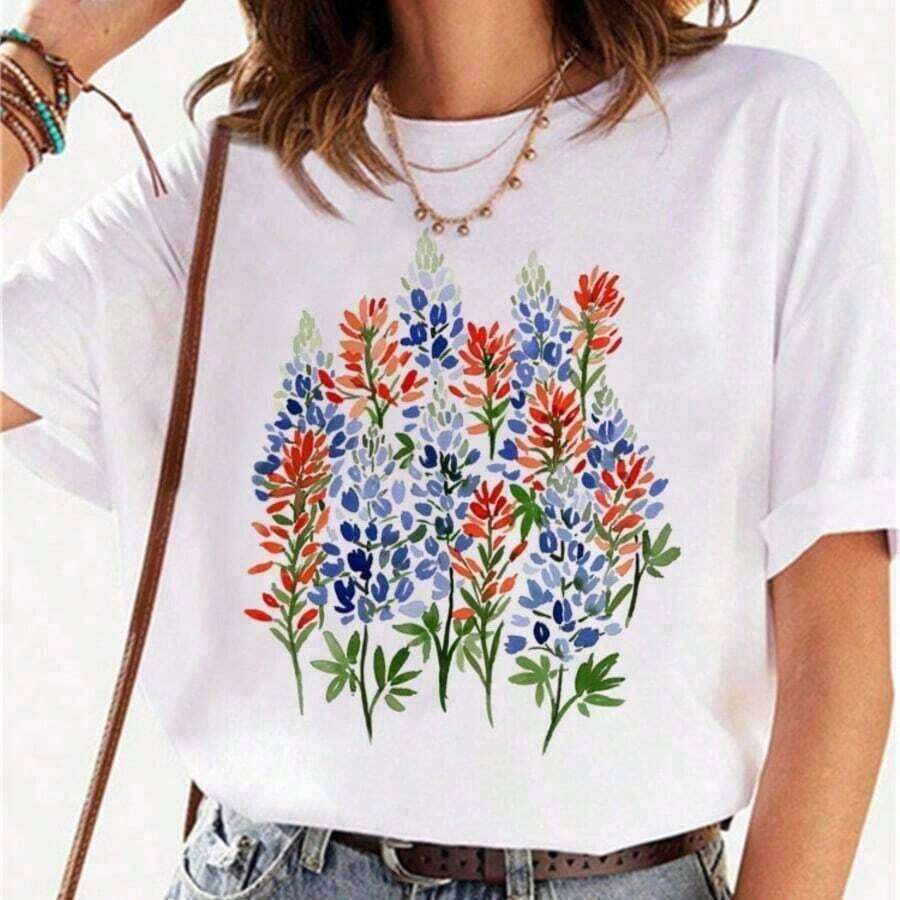 Women's Breathable Bohemian T-Shirt, Fashionable In Summer, Harajuku Floral Print, Popular Y2K Style, Round Neck, Short Sleeve, Casual. - 摩卡棕 - 查看 1