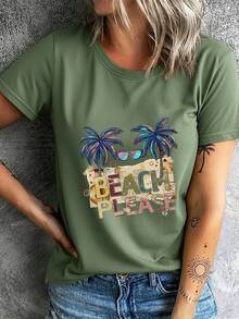 Women's Summer T-Shirt, Fashionable Summer T-Shirt For Women, Women's T-Shirt, Fashionable Short Sleeve, Comfortable And Breathable, Suitable For Sports And Fitness, Casual Outings, Palm Tree Print And Sunglasses. - 杏色 - 查看 9