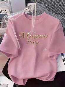 Limited Time Offer, Limited Quantity Available, Lightning, Women's Shirts, Women's T-Shirts. Pink Short-Sleeved T-Shirt With A Casual Summer Letter Print. - 羅莎 - 查看 6