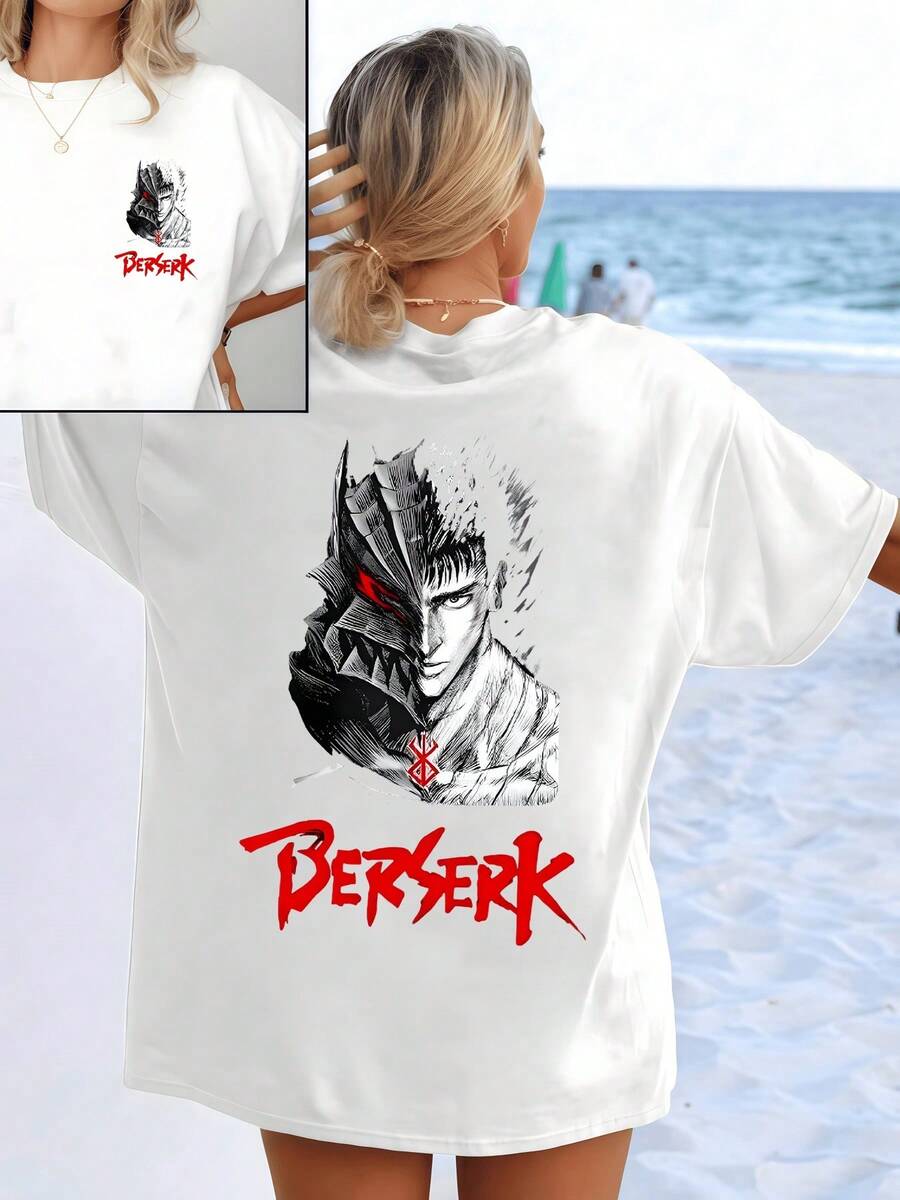 Warrior With Dark Helmet And Defiant Gaze Symbolizes Inner Strength And Indomitable Spirit With Details That Evoke Struggle And Courage. Women's Double-Sided Printed T-Shirt, Casual And Comfortable For Summer Beach - 白色 - 查看 1