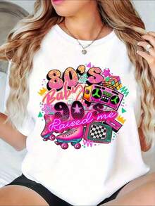 Women's Retro 80s Party Graphic Tee With Vintage Boombox And Roller Skates Design, Perfect For Nostalgic Events And 80s Themed Celebrations. Loose, Casual And Versatile Tee. - 白色的 - 查看 7