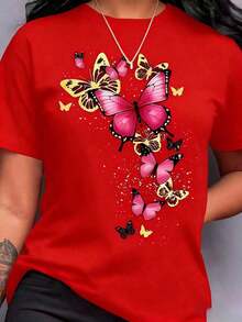 New 100% Cotton Summer Casual T-Shirt With Butterfly Print, Round Neck And Short Sleeves, Comfortable Patterned T-Shirt For Spring, Summer And Autumn, Cute Graphic T-Shirts, Casual Campus Style, Unisex Daily Wear For Women And Men - Urban Vintage Style, Loose Fit Unisex Cotton T-Shirt With Round Neck And Short Sleeves. - 紅色 - 查看 6