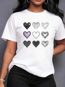 Women's Round Neck T-Shirts With Heart Design, Casual Style For Everyday Wear, Lightweight And Breathable, Casual Top For Women | Basic Top For Women - 白色 - 查看 7