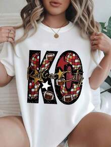 Women's Casual Short Sleeve T-Shirt - Kansas City American Football Design With Stars And Checks, Crew Neck, Summer Top, Machine Washable, Ladies' T-Shirts, Casual Wear, Modern Style, Comfortable Fit

-White Blouses For Women Shirt - 白色 - 查看 8