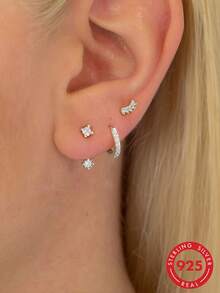 3 Stücke 925 Sterling Silber Ohrringe Set, geeignet für mehrfache Piercings, zarte 18K Goldplattierte Ohrstecker, kleine Ohrringe, Hypoallergen für empfindliche Ohren, Damen - Silber - Übersicht 12