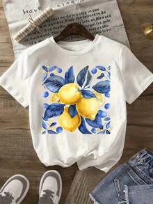 Soft 100% Cotton T-Shirt, 100% Pure Cotton, New Summer Style, Wo's Lemon And Leaf Print T-Shirt. | Casual Short-Sleeve Crew Neck T-Shirt, Lightweight Blend, Vibrant Yellow And Blue Design, Perfect For Spring/Summer/Autumn, Everyday Wear. | Comfortable Fit, Slightly Stretchy Fabric, Machine Washable. A Great Gift For Family, Siblings, Friends, Parents, Or Teachers. Breathable Cotton T-Shirt, Goes With Everything. - 白色 - 查看 6