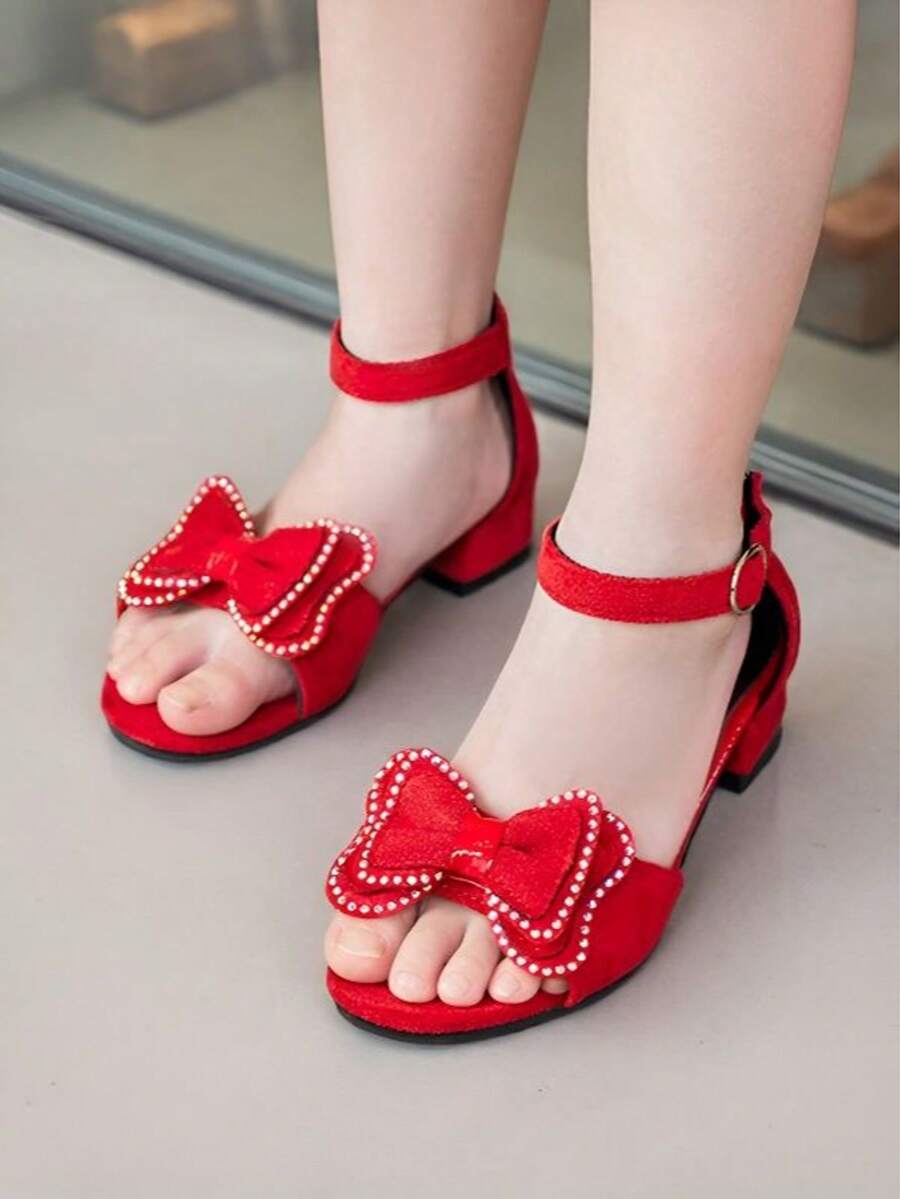 1 Pair Girls' Rhinestone Sandals, Princess Shoes For Girls, Children's Dance Shoes, Girls' Princess High Heel Sandals, Size 27-37 - Red - View 1