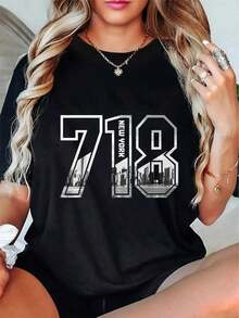 Casual T-Shirt, 100% Cotton, New York City Pride, Area Code 718, NY Brooklyn Queens, Vintage Style - 黑色 - 查看 5