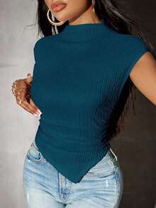 Camiseta de punto con bajo asimétrico de unicolor para mujer, primavera - Verde Oscuro - Ver 3