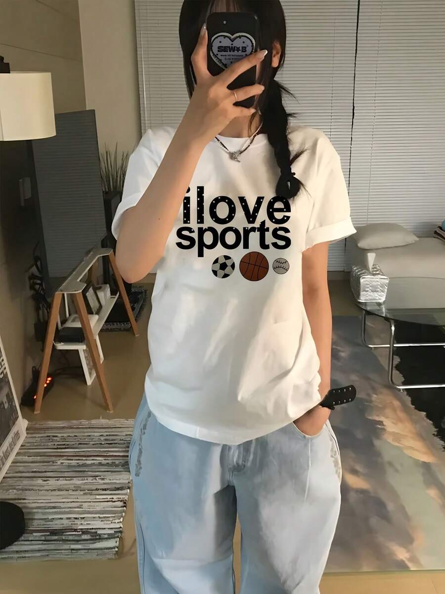 Women's White Summer T-Shirt, Short Sleeve, With Black English Letter Print, Basketball, Football, Loose Fit, Easy And Cute - 白色 - 查看 1