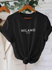 Nuevas llegadas para el verano. [Camiseta Relajada de Talla Grande] Camiseta con Estampado de Letras Milano, Top Casual de Manga Corta con Cuello Redondo para Primavera y Verano, Ropa de Mujer, Camiseta Deportiva, Blusa, Camisa > Hermosa. - Negro - Ver 8