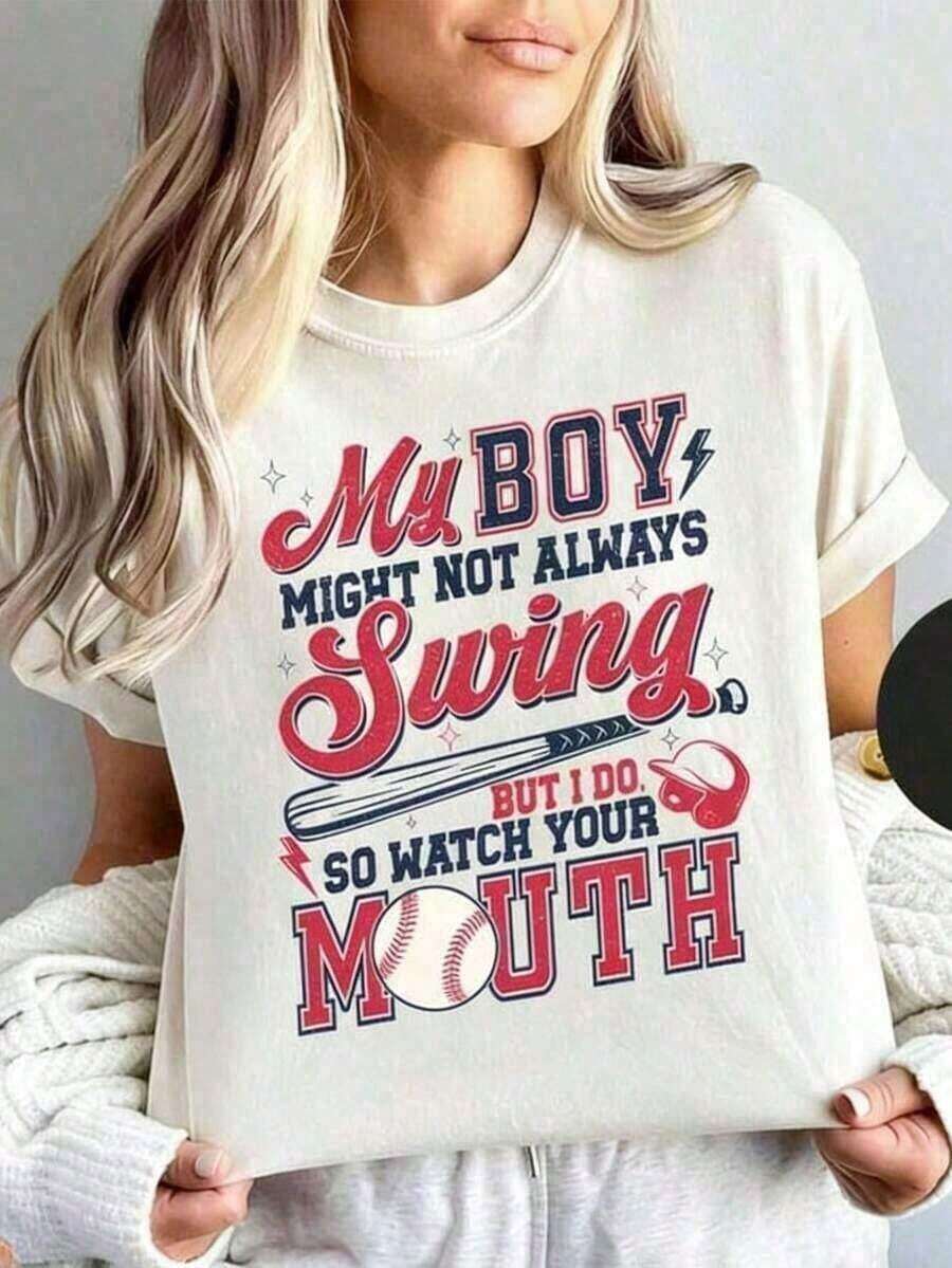 Baseball T-Shirts For Moms, "My Son May Not Always Hit The Ball, But I Do" With Fun Print, Stylish, Crew Neck, Short Sleeve, 180g, 100% Cotton, Oversized Graphic Tees, Summer Top, Gift For Mom, For Women - Urban Vintage Style, Unisex, Loose Fit, Cotton, Short Sleeve, Crew Neck, 100% Pure Cotton. - 白色 - 查看 1
