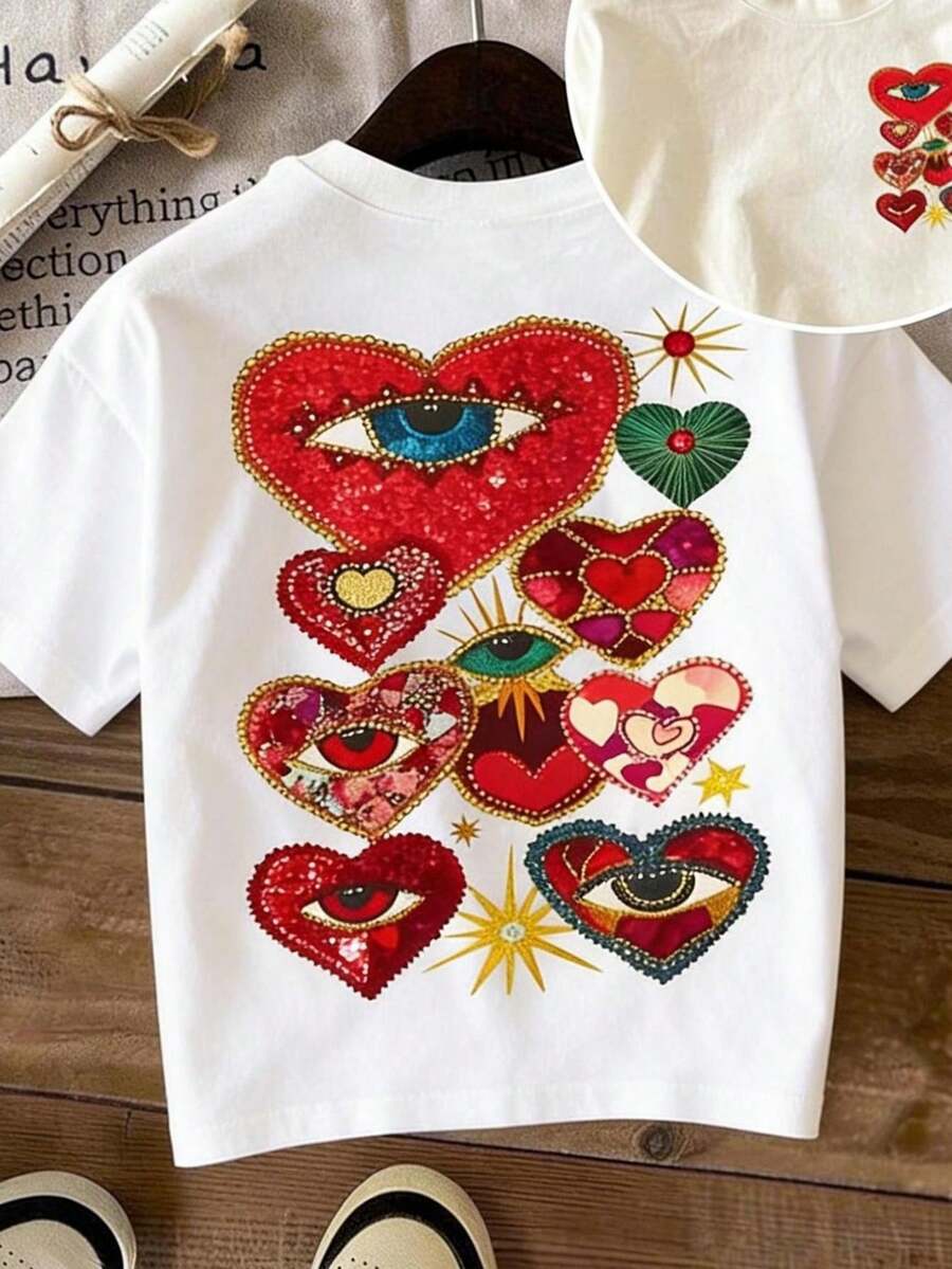 Women's Short-Sleeved T-Shirt With An Exquisite Heat Transfer Process. The All-Over Print Of Hearts With Devil's Eye Is Very Eye-Catching, And The Contrast Of Red And Gold With A Sequined Texture Is Super Stylish. It Has A Retro Bohemian Style, Combining Personality And Fashion. - 白色 - 查看 1