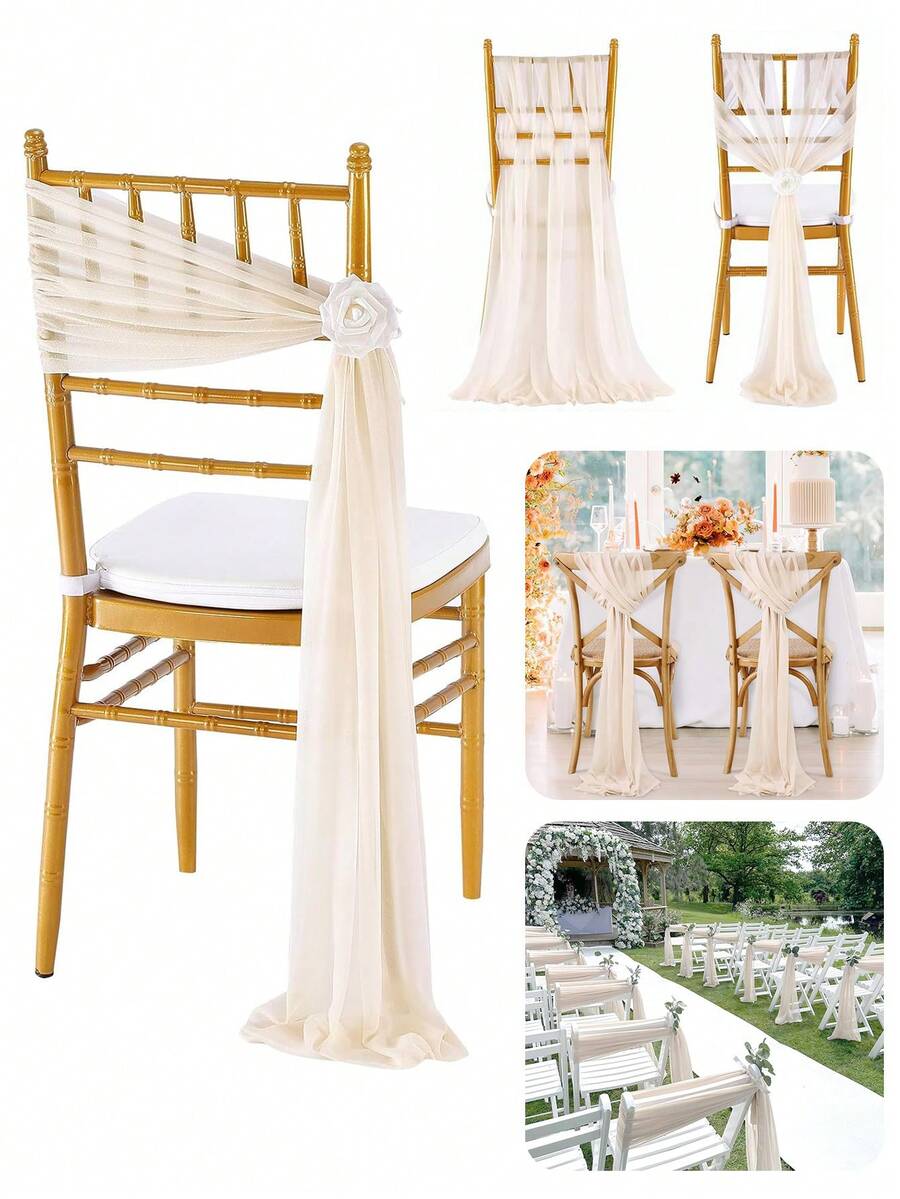 10pcs Elegant Champagne Chiffon Chair Back Sash Set, Hallway Wedding Chair Back Decor, Church Chiffon Banquet Ceremony Reception Chair Set, Photography Props, Birthday Party Home Decor - Champagne - View 1