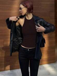 Top de tirantes finos ajustado y sin espalda, top de ajuste ceñido para capas, casual negro para otoño/invierno y verano - Marrón - Ver 3