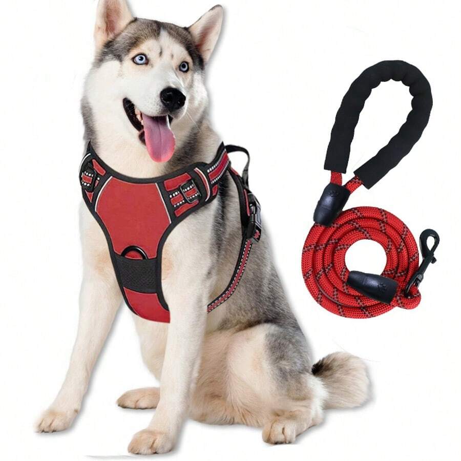 2pcs Reflective Dog Harness And 1.5m Leash, Breathable Pet Harness, Suitable For Small, Medium, Large Dogs And Cats, Anti-Pull Reflective Dog Harness Set, Large Dog Harness And Leash Set - Red - View 1