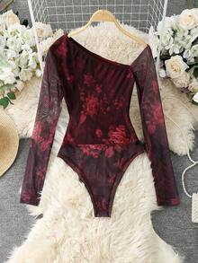 Body de manga larga con hombros transparentes y estampado de leopardo para mujer - Rojo - Ver 2