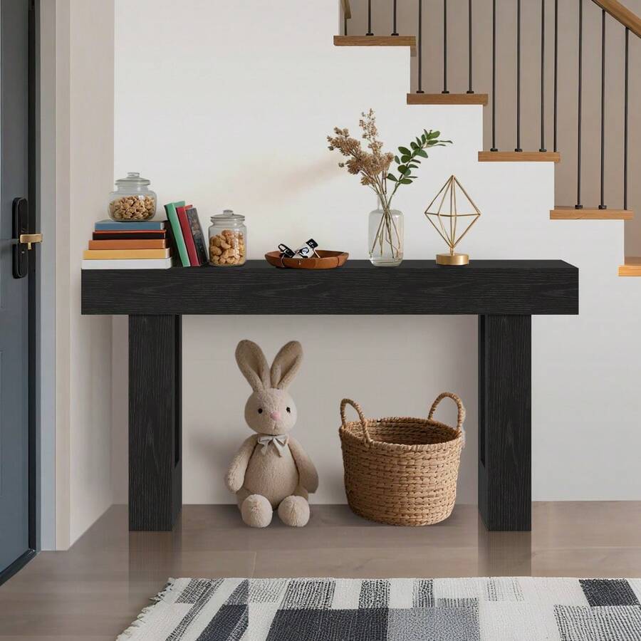 63" Long Console Table For Entryway, Rectangular Wooden Side Table For Behind The Sofa, Farmhouse Style Entry Table For Entryway, Hallway Or Living Room. - 黑色 - 查看 1