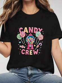Camiseta de Mujer Nueva Colección Verano 2026, Colorida y Linda con Estampado de Texto 'Candy Squad', Cuello Redondo y Manga Corta para Primavera Verano UPLR - Negro - Ver 7
