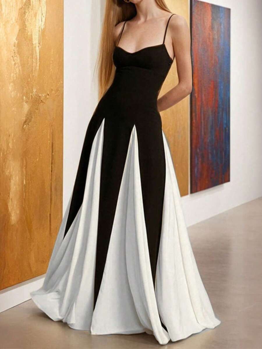 Elegant High Waist Plain Strap Dress Spring 2026 - Black and White - View 1