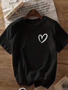 Talla Grande, Camiseta de Mujer de Talla Grande con Estampado de Corazón - Blusa Casual de Cuello Redondo y Manga Corta, Ropa Casual Transpirable para Primavera, Verano y Otoño, Top Holgado Lavable a Máquina Adecuado para Mujeres - Negro - Ver 6