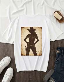 Affordable Women's T-Shirt, Cowboy Style, Retro, Rock, Western, With Cowgirl Silhouette Print, Short Sleeve, Casual And Fashionable, Summer Fitted Cut, Round Neck. - 白色4 - 查看 1